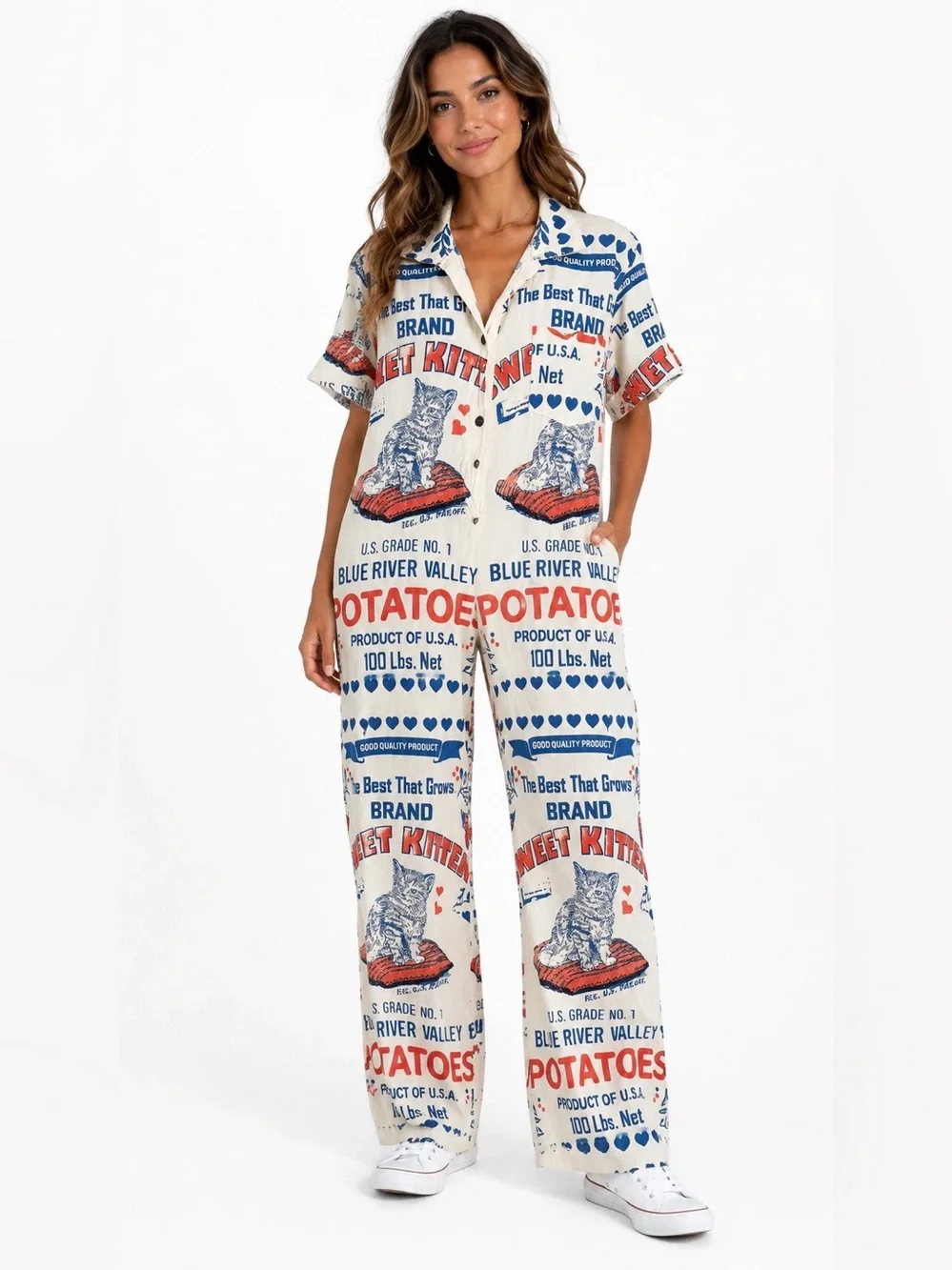 Vintage Sweet Kitten Cat Print Potatoes Short-Sleeve jumpsuit - Cream/Red/Blue